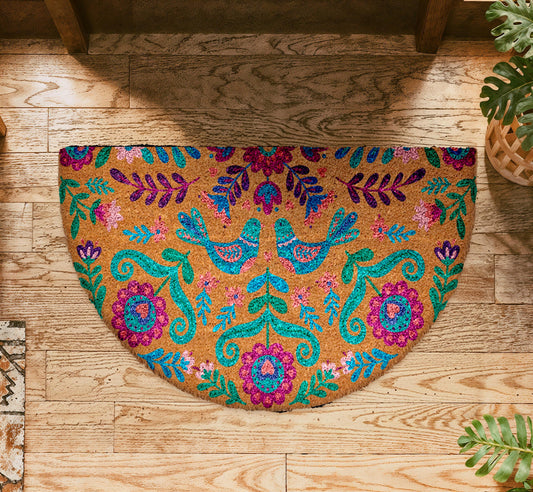 Vintage Floral Coco Doormat, Colorful Folk Art Doormat, Bohemian Flowers Natural Coir Mat