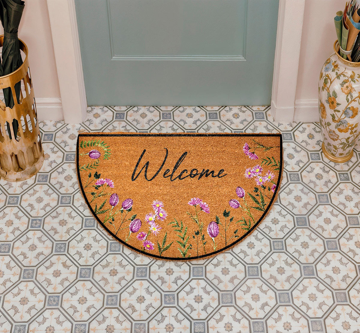 Purple Tulips Doormat, Welcome Tulips Enter Rug, Floral Welcome Mat