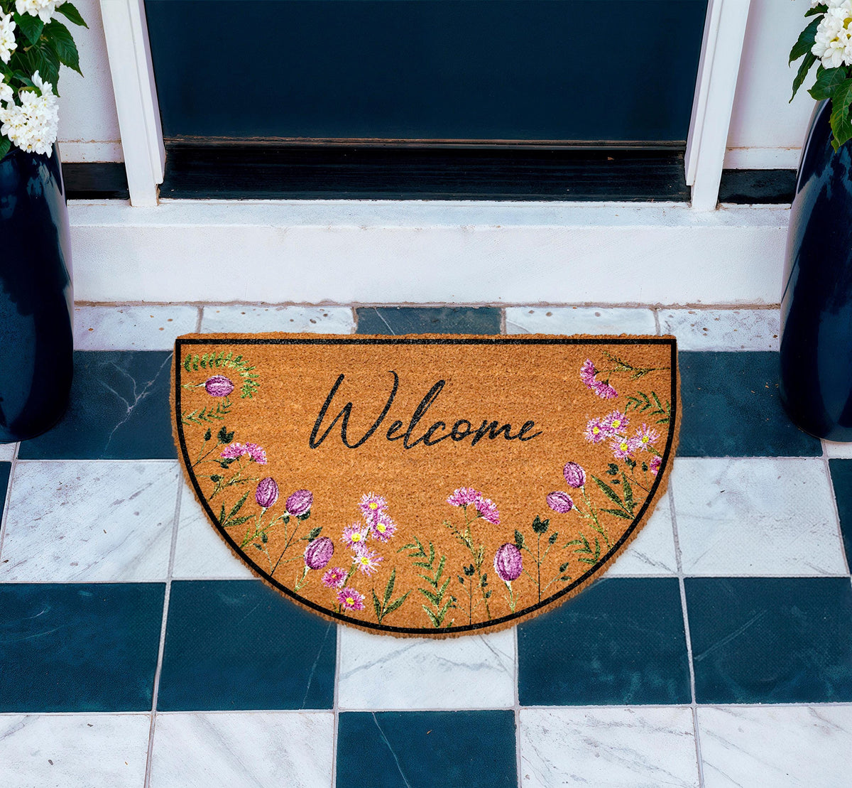 Purple Tulips Doormat, Welcome Tulips Enter Rug, Floral Welcome Mat