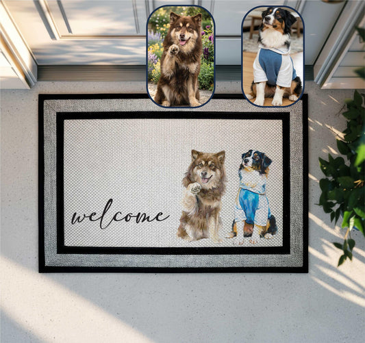 Custom Pet Watercolor Portrait Doormat, Personalized Dog Photo Welcome Mat, Cats Lover Housewarming Gift, Pets Owner Front Porch Rug