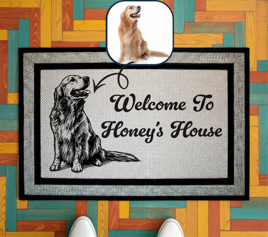 Personalized Pet Drawing Portrait Doormat, Custom Dog Photo Welcome Mat, Dogs Lover Housewarming Gift, Pets Owner Front Porch Rug