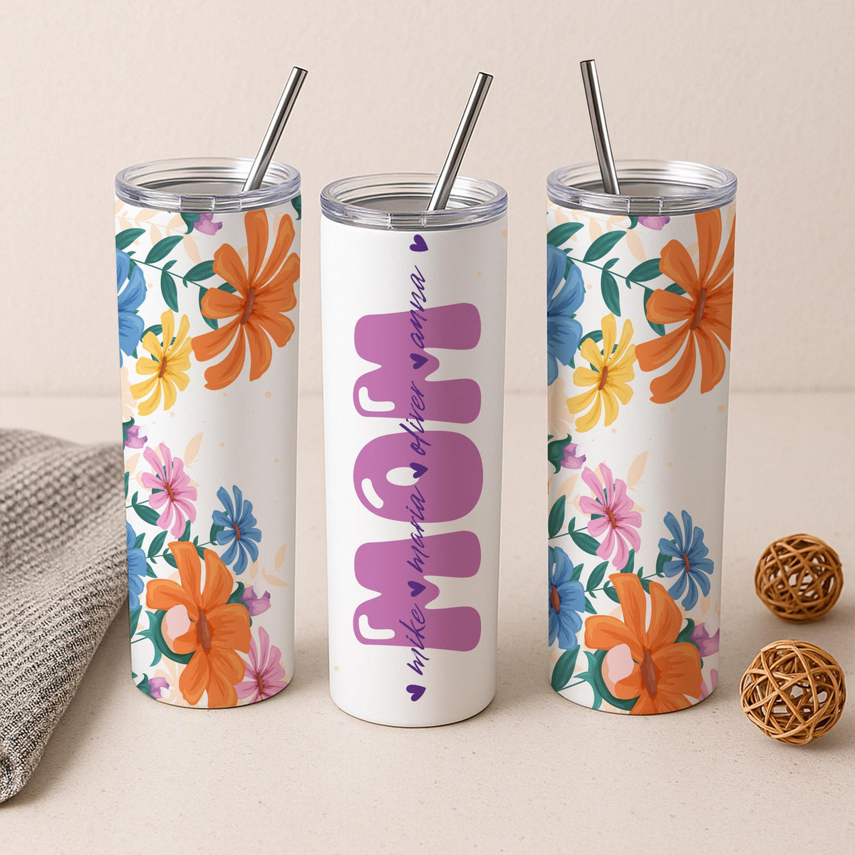 Personalized Mom Tumbler, Custom Kids Names, Floral Stainless Steel Travel Mug (20oz)