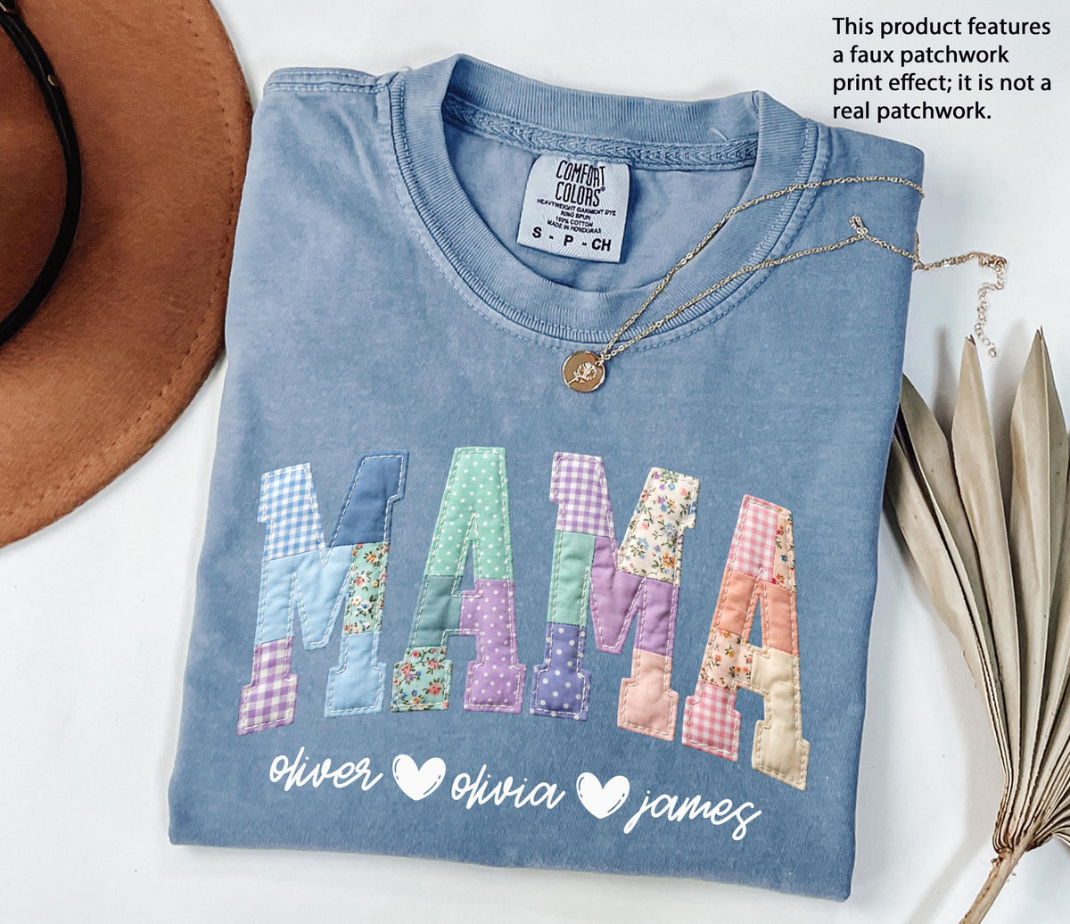 Comfort Colors® Faux Patchwork Mama Shirt, Nana Gigi Tee, Custom Mother's Day Gift, Mama with Kids Names Tee