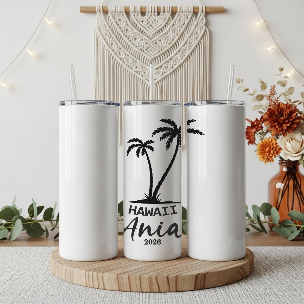 Personalized Palm Tree Tumbler With Straw, Tropical Vacation Insulated Cup, Beach Lovers Gift