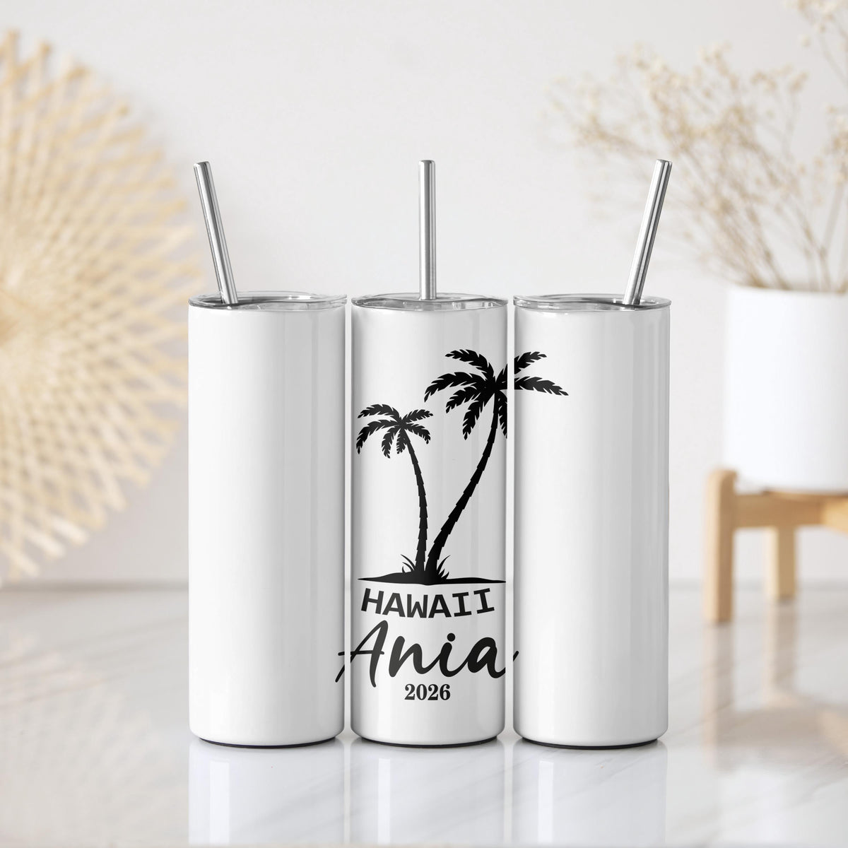 Personalized Palm Tree Tumbler With Straw, Tropical Vacation Insulated Cup, Beach Lovers Gift