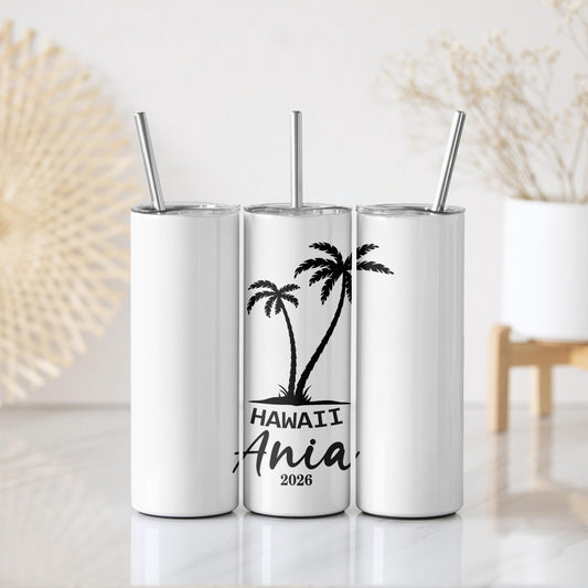 Personalized Palm Tree Tumbler With Straw, Tropical Vacation Insulated Cup, Beach Lovers Gift