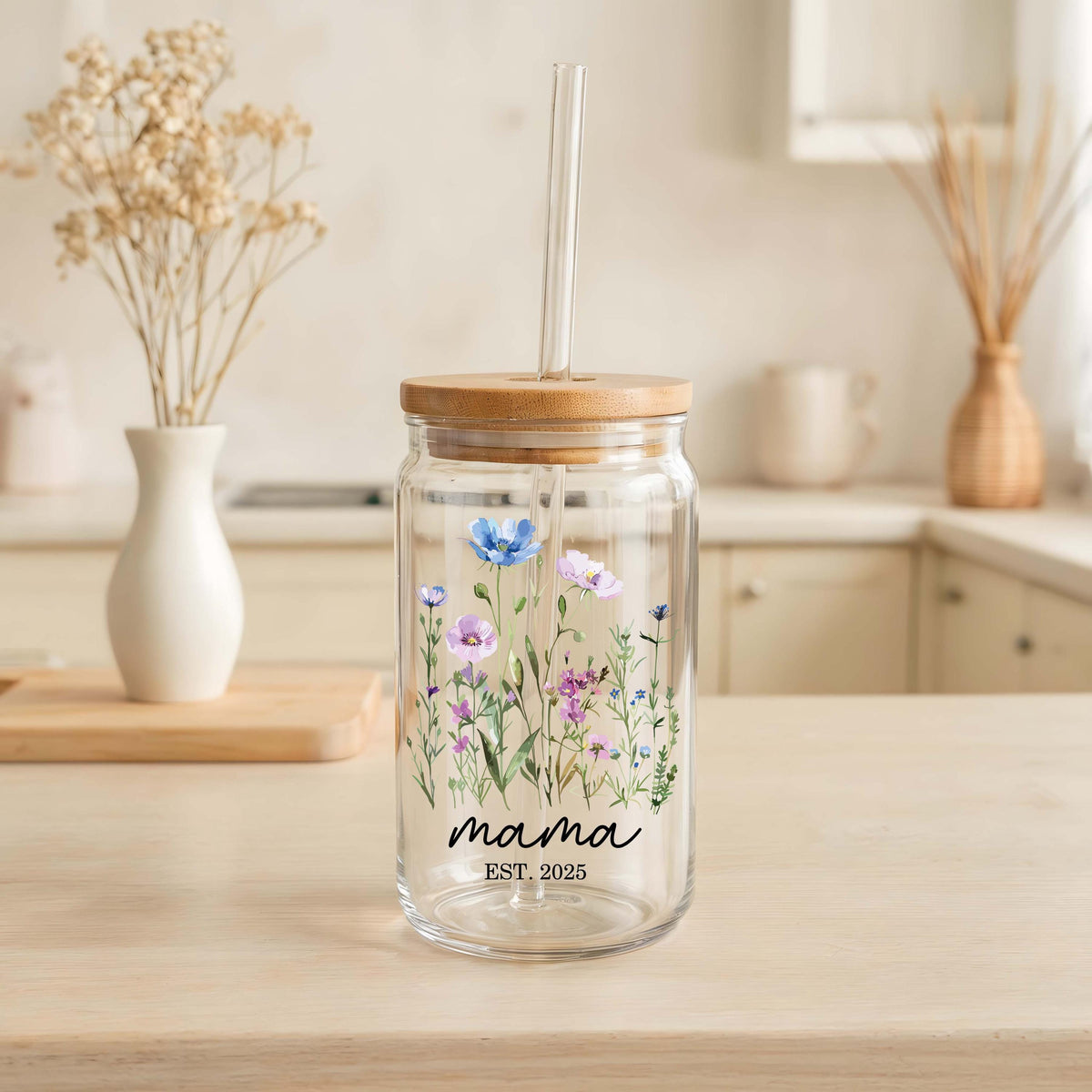 Personalized Mama Est Can Glass Tumbler, Blue Poppy Flowers Design Iced Coffee Cup