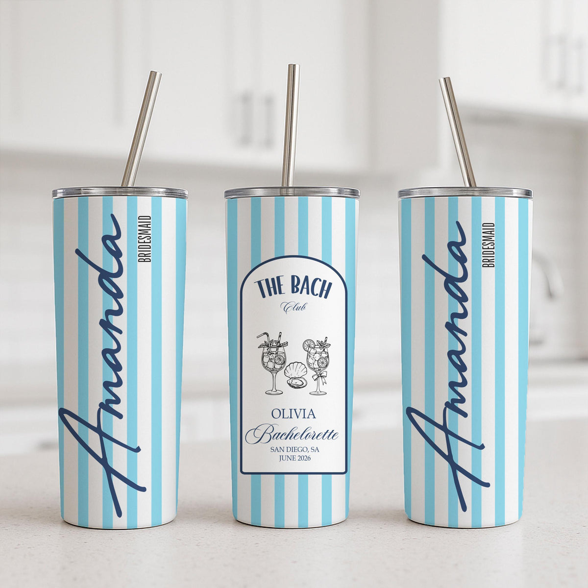 Personalized Bachelorette Tumbler, Custom Name Beach Bach Travel Mug, Bridesmaid Coastal Drinkware