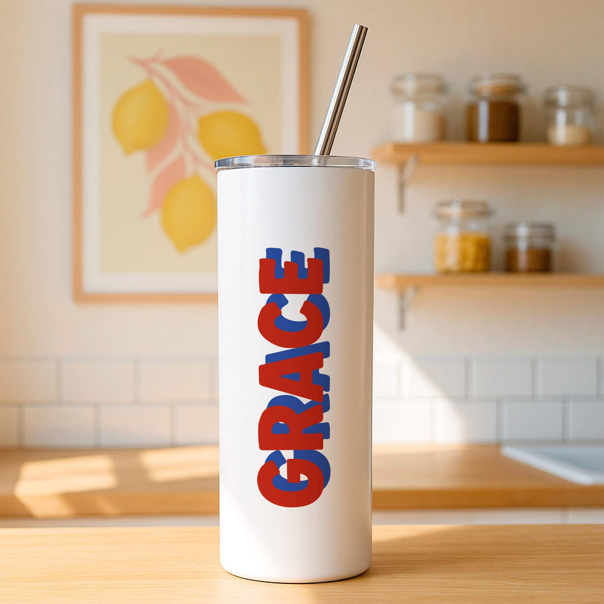 Personalized 20oz Skinny Tumbler, Custom Name Travel Mug, Stainless Steel (with Straw)
