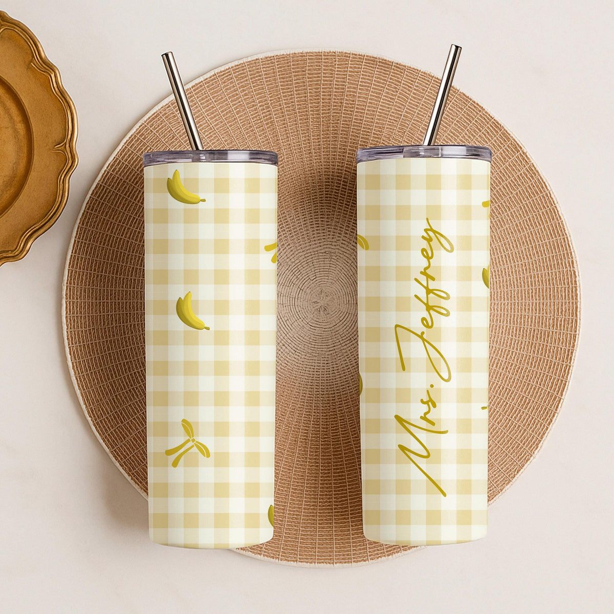 Custom Gingham Tumbler, Personalized Name Travel Mug, Insulated Stainless Steel Cup