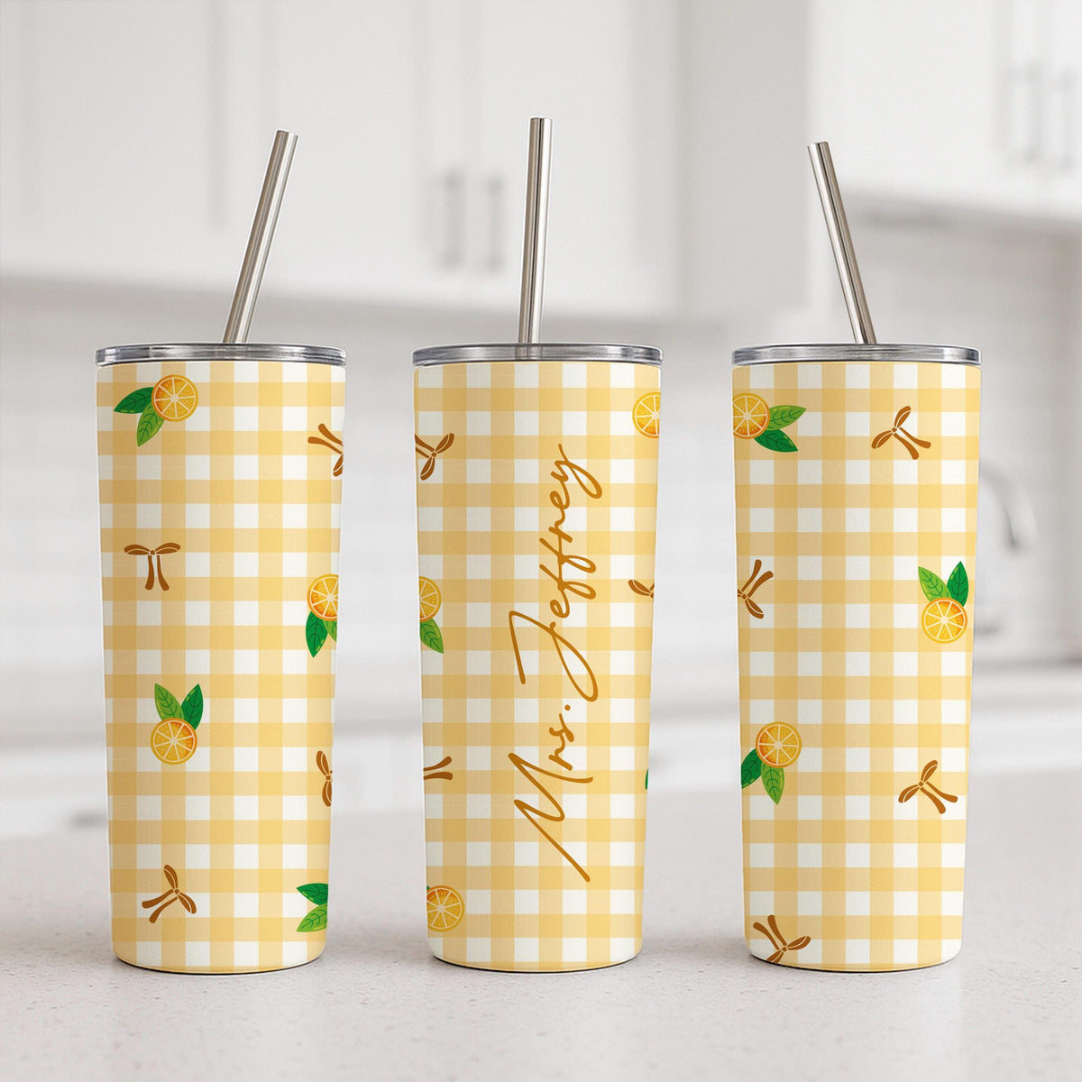 Custom Gingham Tumbler, Personalized Name Travel Mug, Insulated Stainless Steel Cup