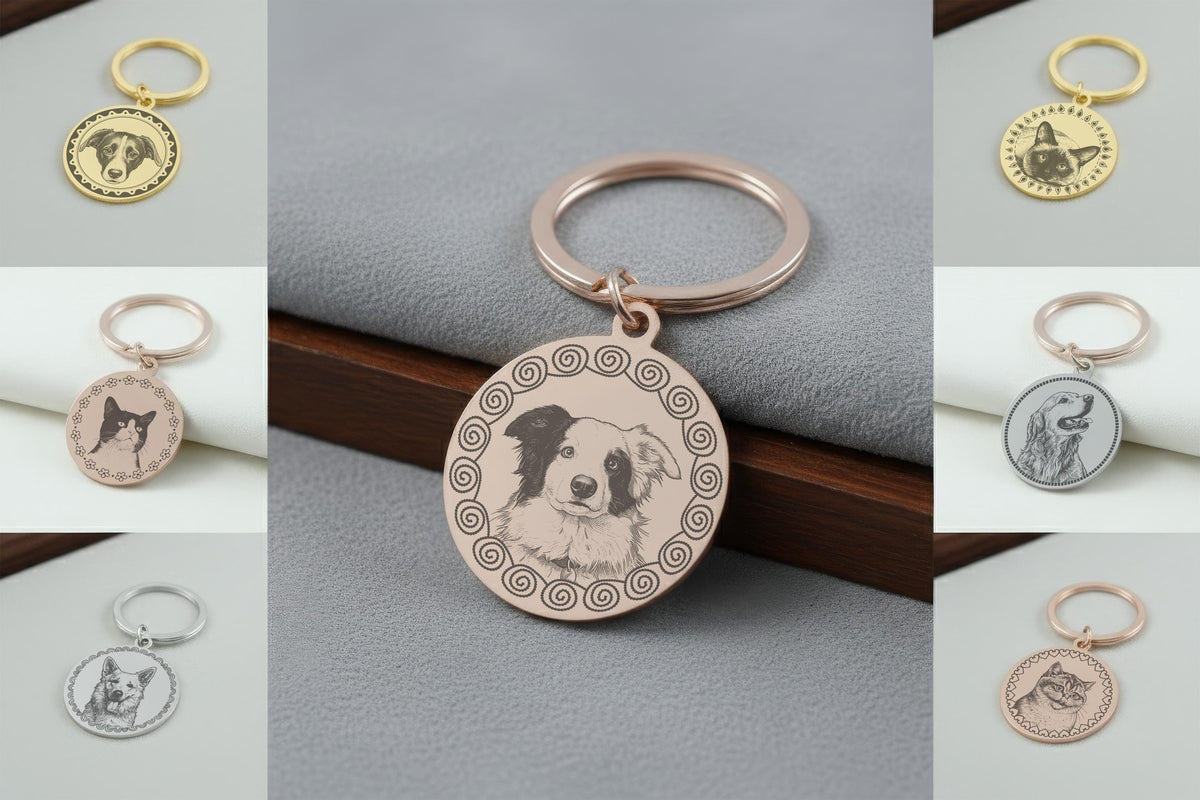 Personalized Dog Photo Engraved Tag, Custom Pet Portrait Collar Charm, Two-Sided Metal Pets ID Tags, Unique Dogs Lover Gift