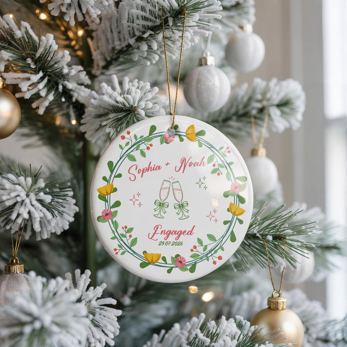 Personalized Engaged Ceramic Ornament, Custom Couple Initials Keepsake, Christmas Gift