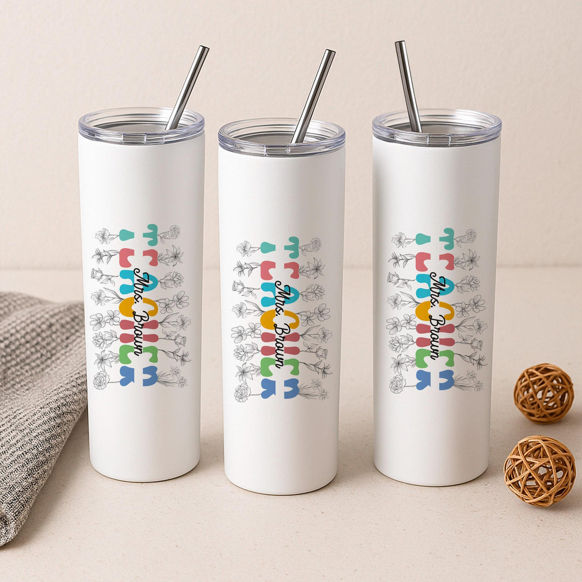 Personalized Teacher Tumbler, Custom Name Insulated Travel Mug, 20oz Skinny Stainless Steel