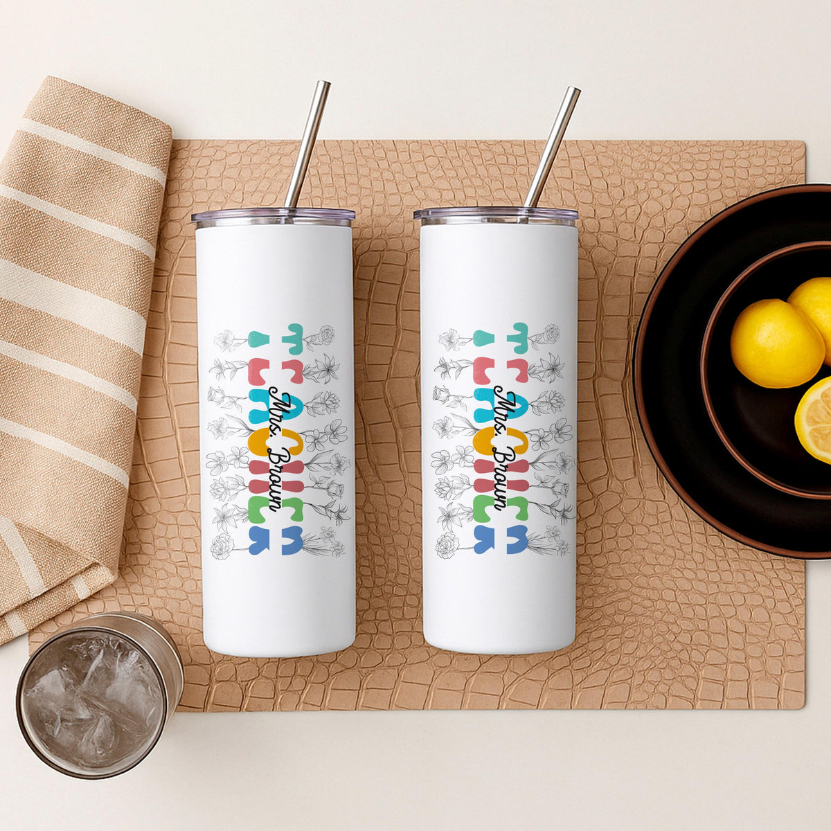 Personalized Teacher Tumbler, Custom Name Insulated Travel Mug, 20oz Skinny Stainless Steel