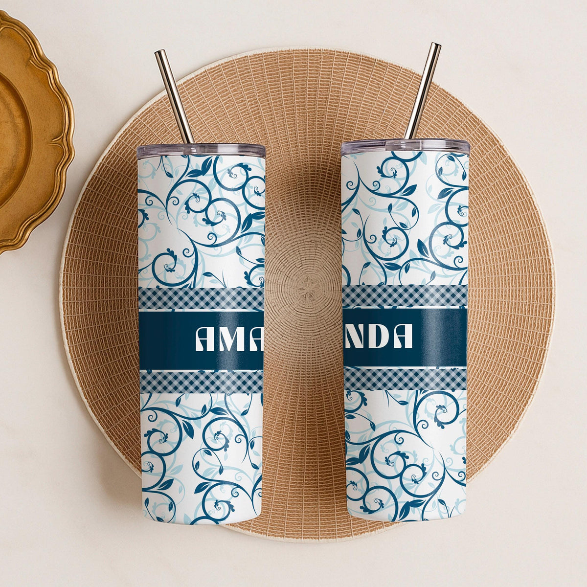 Personalized Floral Tumbler, Custom Name Stainless Steel Travel Mug (20oz)