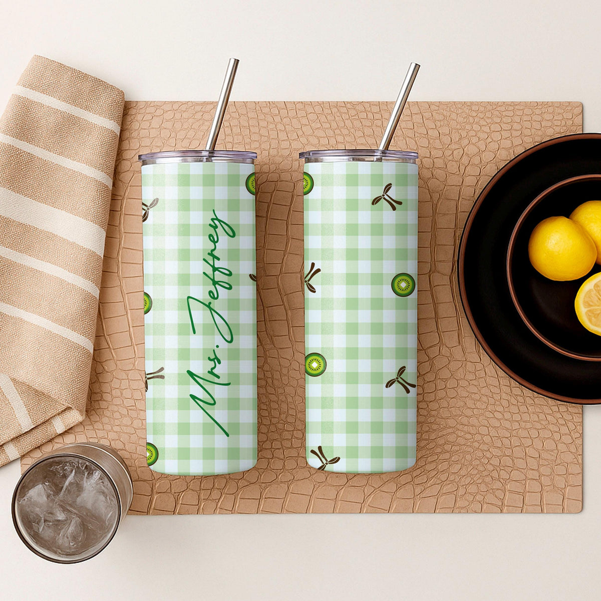 Custom Gingham Tumbler, Personalized Name Travel Mug, Insulated Stainless Steel Cup