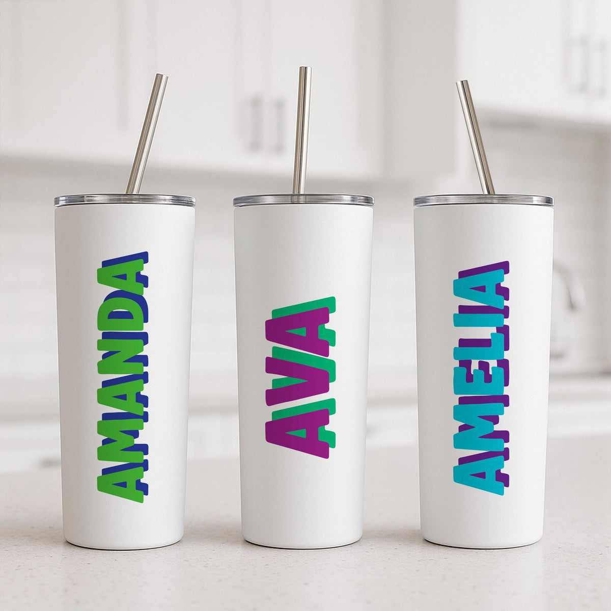 Personalized 20oz Skinny Tumbler, Custom Name Travel Mug, Stainless Steel (with Straw)