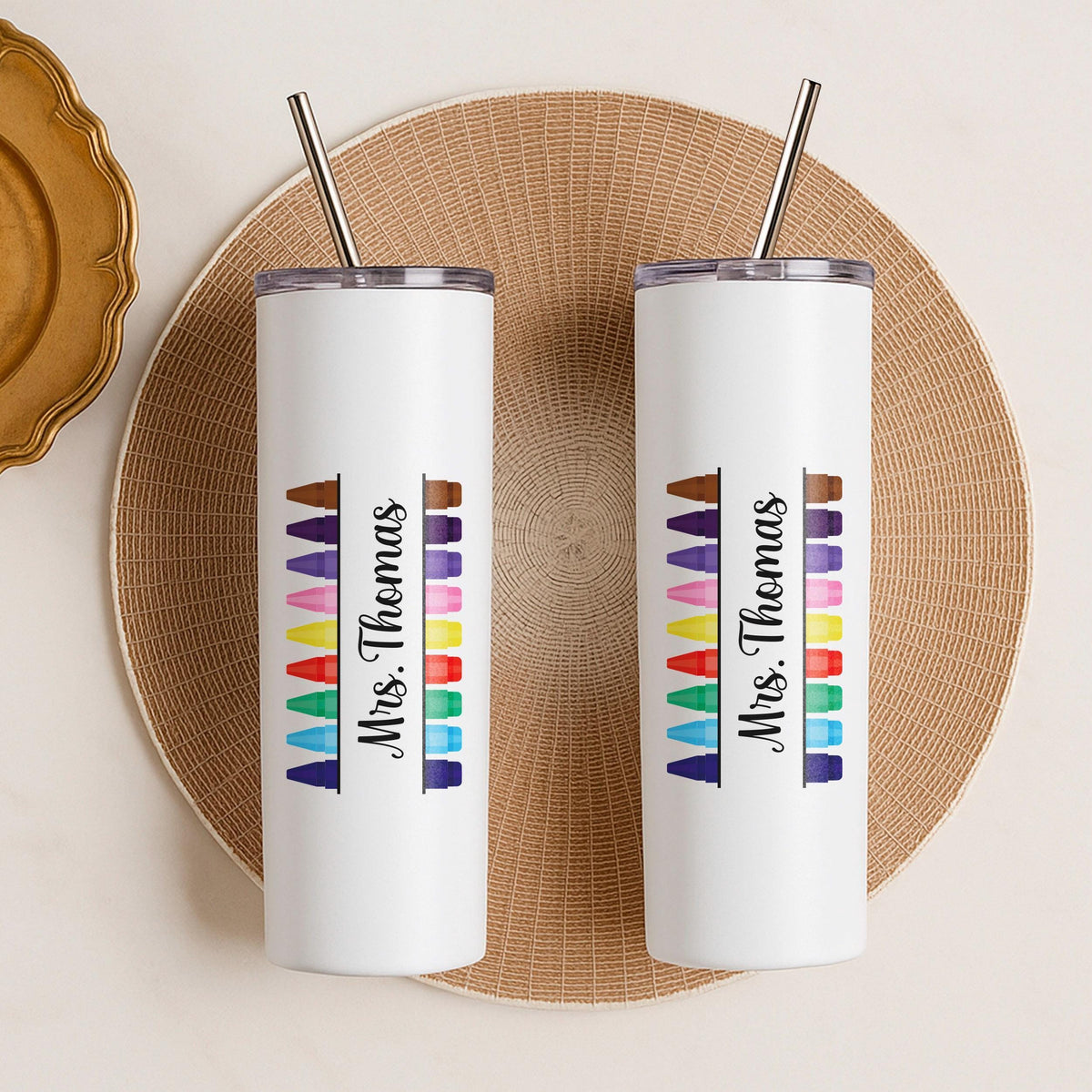 Personalized Teacher Tumbler, Crayon Rainbow Design, Insulated Stainless Steel Cup
