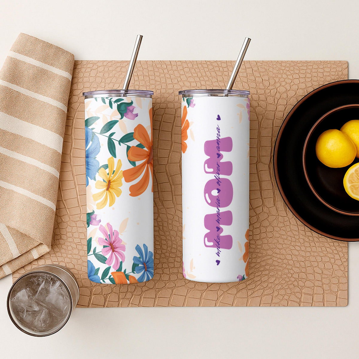 Personalized Mom Tumbler, Custom Kids Names, Floral Stainless Steel Travel Mug (20oz)