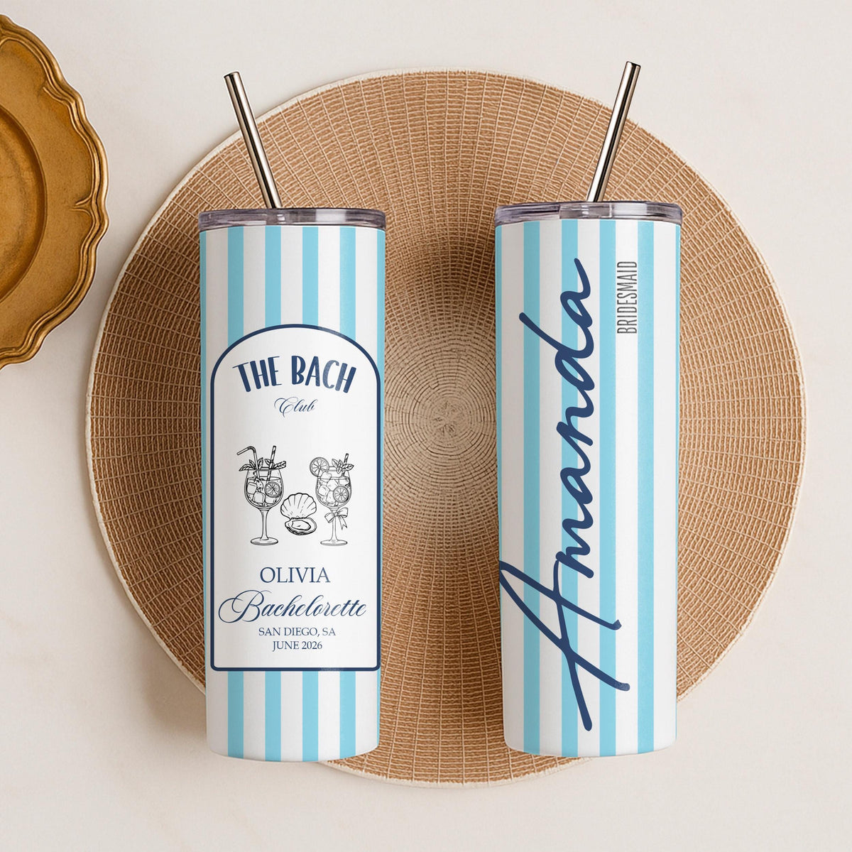 Personalized Bachelorette Tumbler, Custom Name Beach Bach Travel Mug, Bridesmaid Coastal Drinkware