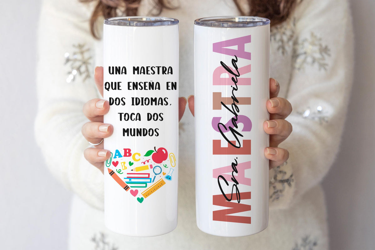 Custom Name Maestra Tumbler, Personalized Spanish Bilingual Teacher Coffee Cup