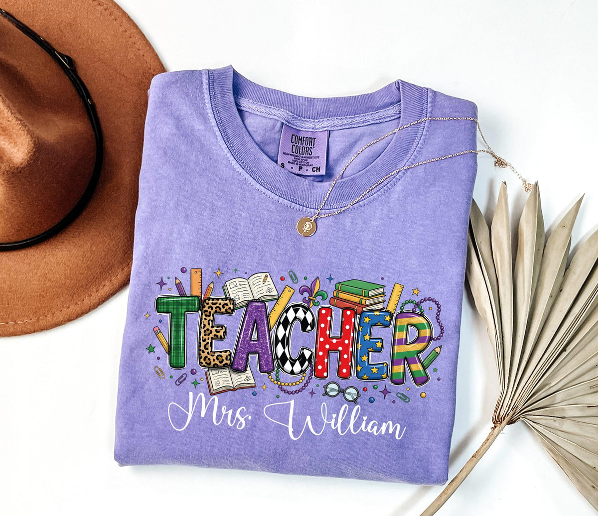 Comfort Colors® Personalized Teacher Mardi Gras Shirt, Custom Name Teacher Mardi Gras Carnival Shirt, New Orleans T-Shirt, Teacher Tees