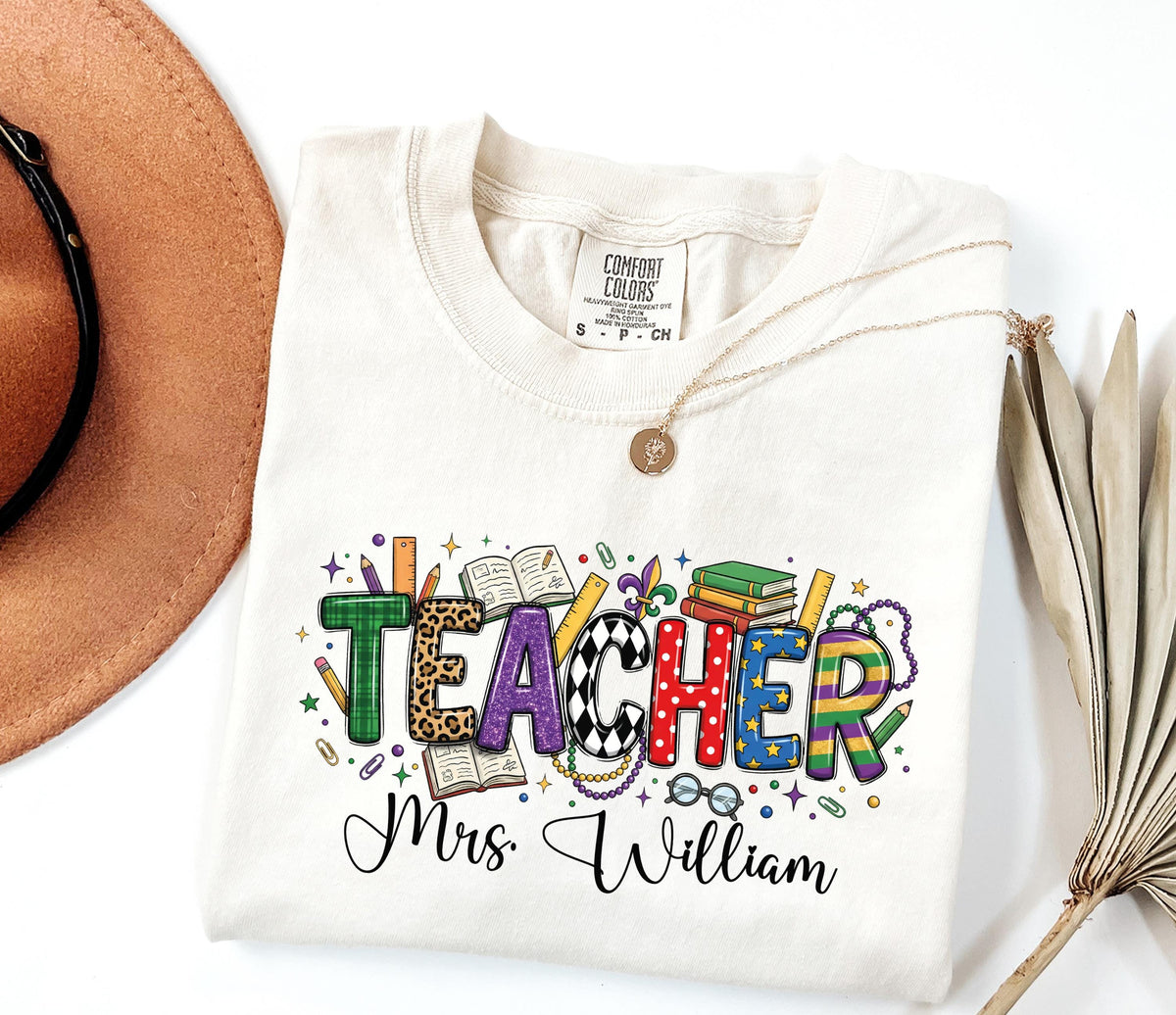 Comfort Colors® Personalized Teacher Mardi Gras Shirt, Custom Name Teacher Mardi Gras Carnival Shirt, New Orleans T-Shirt, Teacher Tees