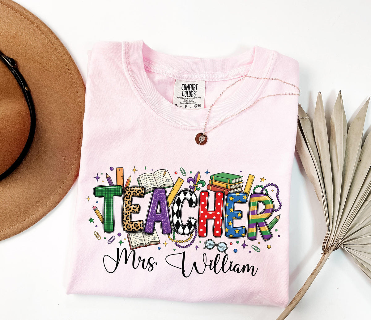 Comfort Colors® Personalized Teacher Mardi Gras Shirt, Custom Name Teacher Mardi Gras Carnival Shirt, New Orleans T-Shirt, Teacher Tees