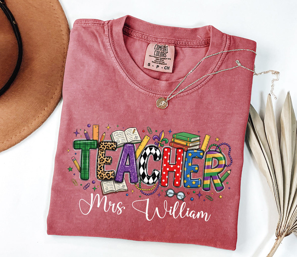 Comfort Colors® Personalized Teacher Mardi Gras Shirt, Custom Name Teacher Mardi Gras Carnival Shirt, New Orleans T-Shirt, Teacher Tees