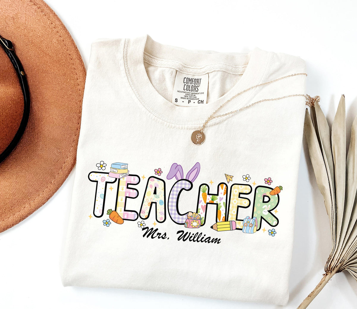 Comfort Colors® Personalized Easter Teacher Shirt, Teacher Bunny Shirt, Elementary Teacher Happy Easter Shirt, Easter Teacher Gift