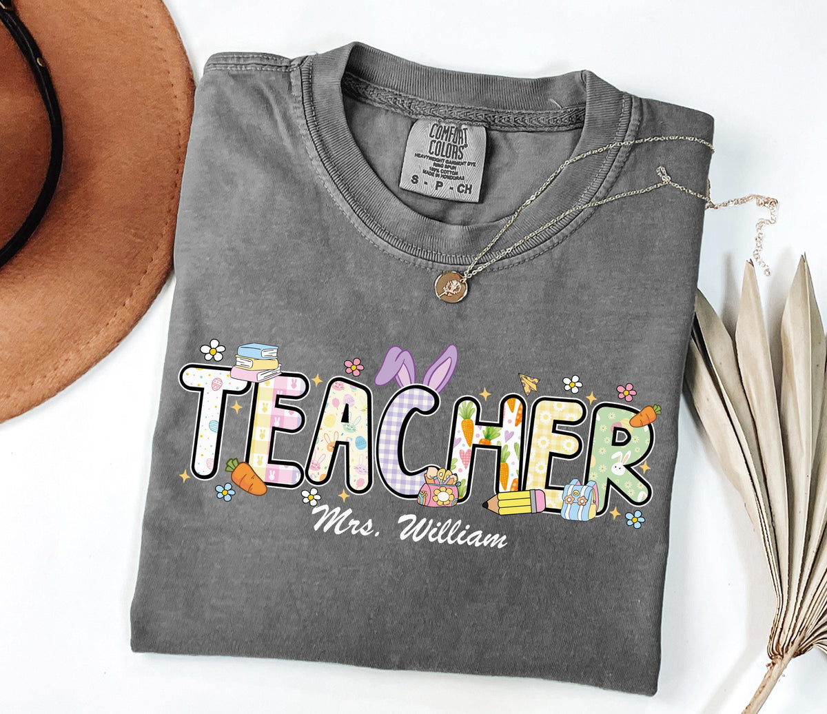 Comfort Colors® Personalized Easter Teacher Shirt, Teacher Bunny Shirt, Elementary Teacher Happy Easter Shirt, Easter Teacher Gift