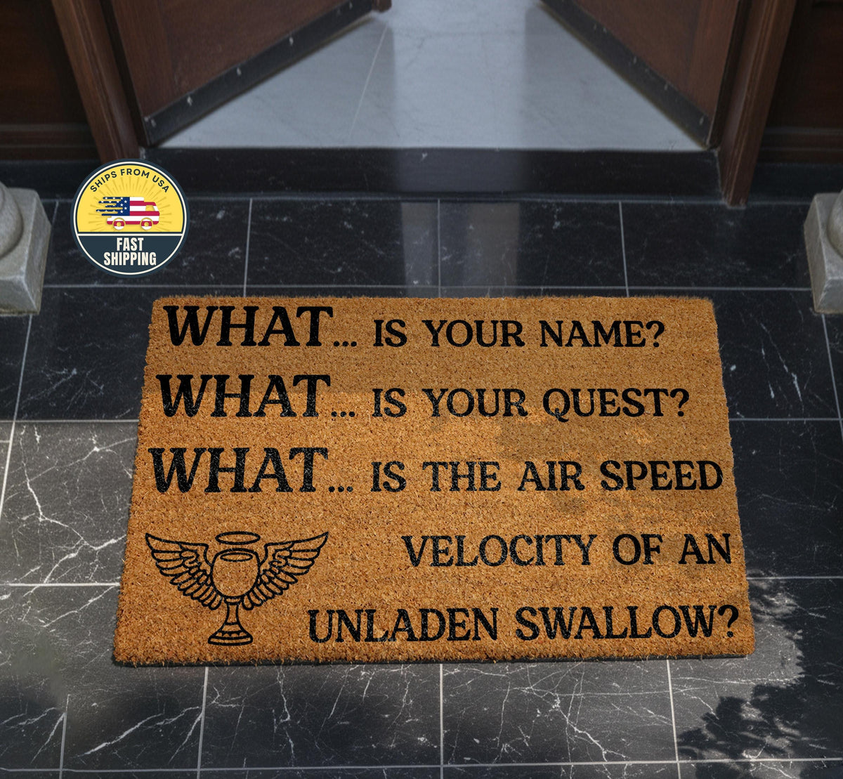 What Is Your Name Funny Welcome Doormat, Monty Python Inspired Mat, Funny Home Decor