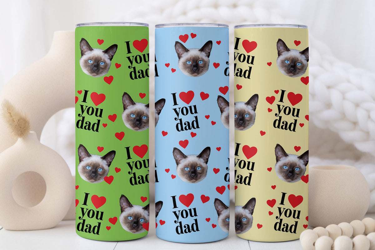 Custom Pet Photo Tumbler with Straw, I Love You Dad Travel Cup, Personalized Cat Lover Dada Gift, Father's Birthday Present