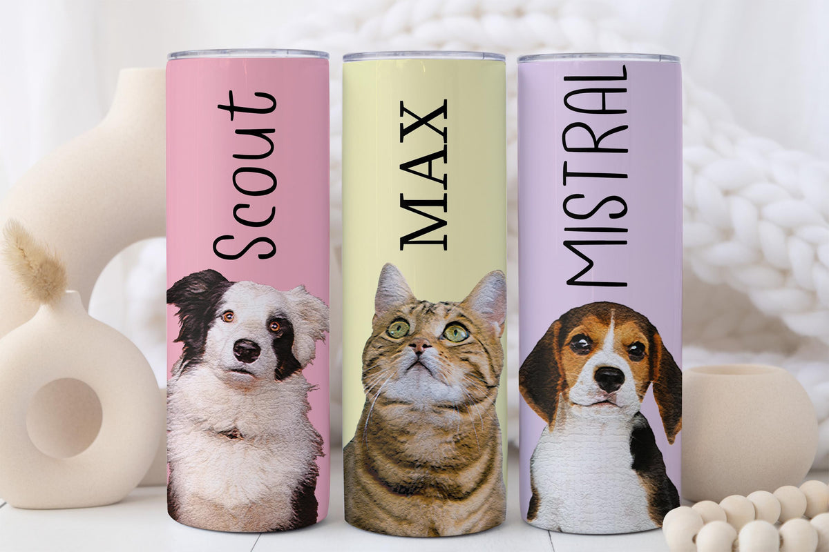 Custom Dog Photo & Name Tumbler, Pet Portrait Travel Cup, Personalized Dog Mom Gift Mug, Pet Paw Print Heart Pattern Skinny Tumblers