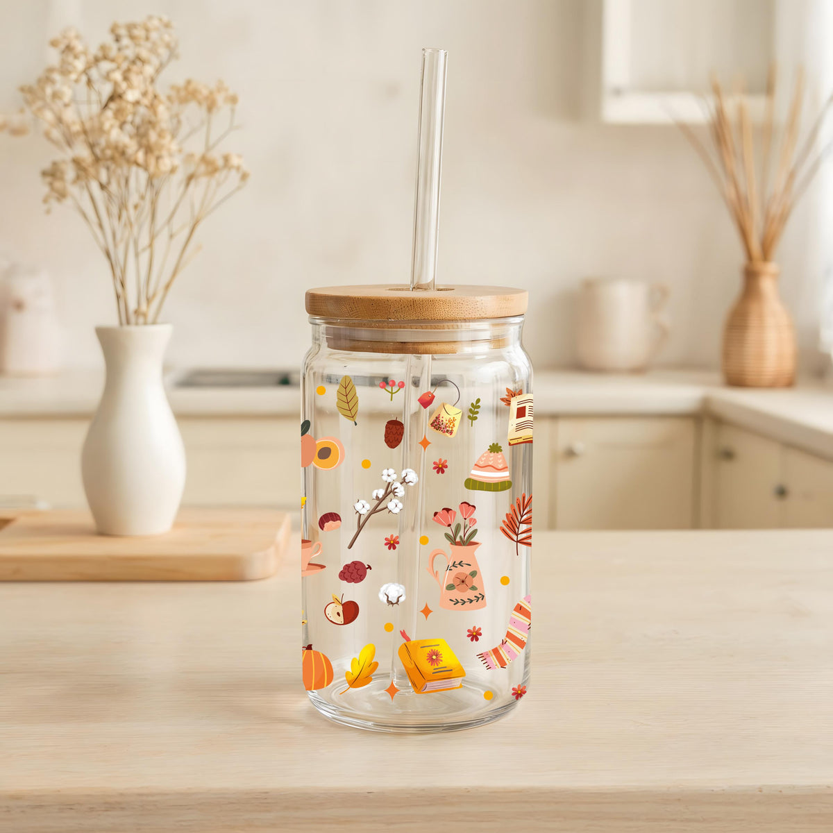 Cozy Fall Aesthetic Can Glass Tumbler, Autumn Vibes Bamboo Lid Cup