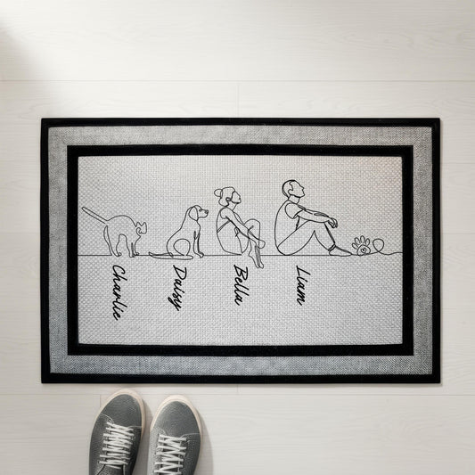 Custom Pet Family Doormat, Personalized Name Pet Line Art Welcome Mat, Dog & Cat Owner Couples Housewarming Gift, Pets Lover Front Porch Rug