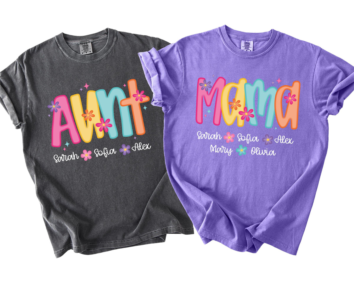 Comfort Colors® Personalized Floral Mama Shirt, Colorful Grandma & Aunt T-Shirts, Mother's Day Gift