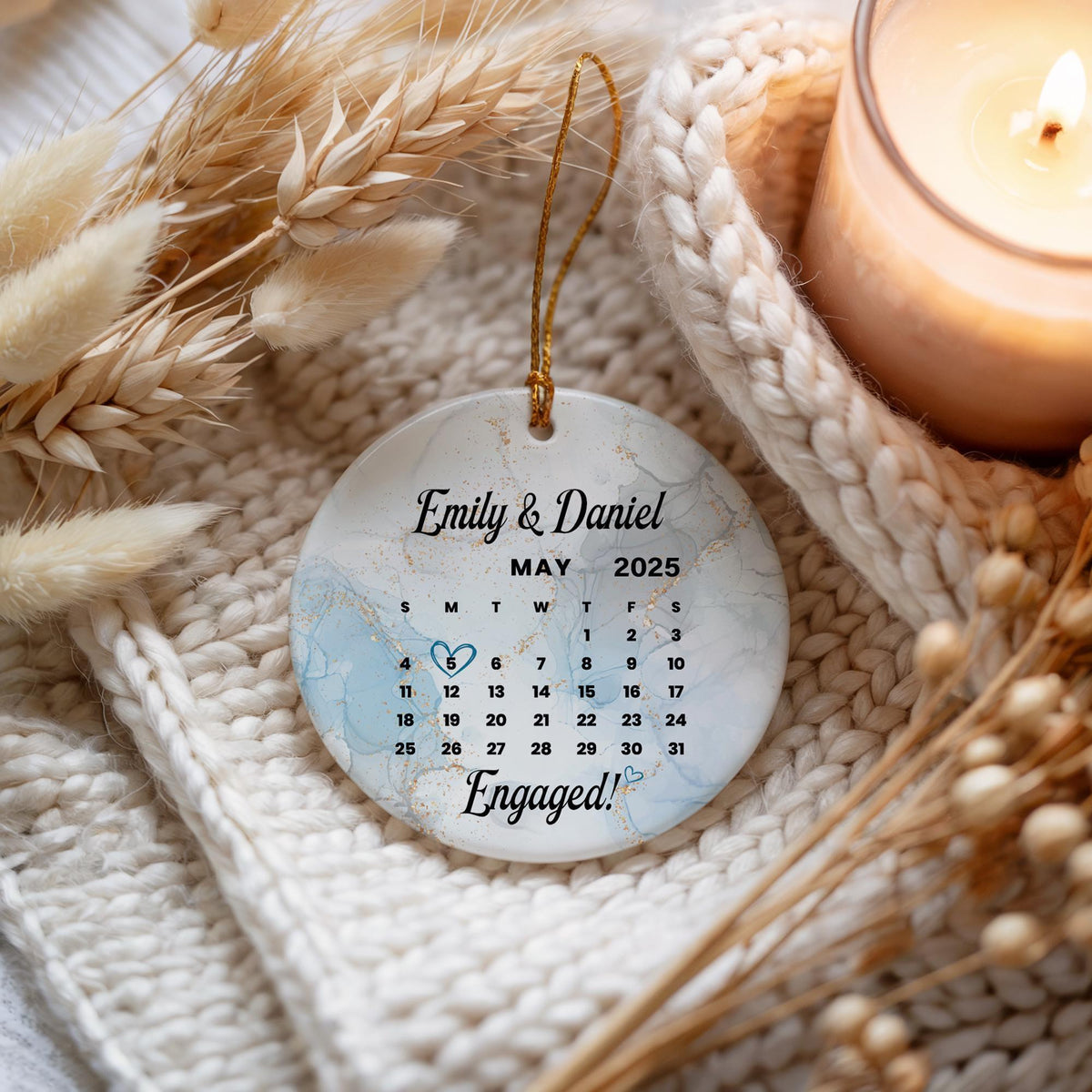 Personalized Calendar Theme Engagement Keepsake, Marble Design Engaged Ornament