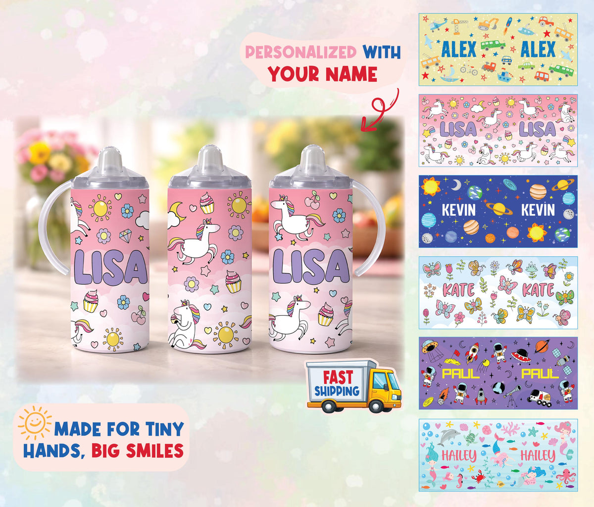Personalized Pink Unicorn Toddler Cup, Kids Training Sippy Cup Water Bottle