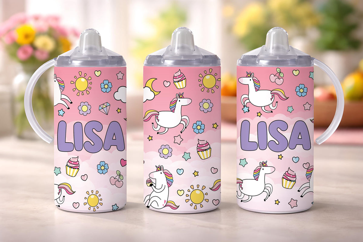 Personalized Pink Unicorn Toddler Cup, Kids Training Sippy Cup Water Bottle