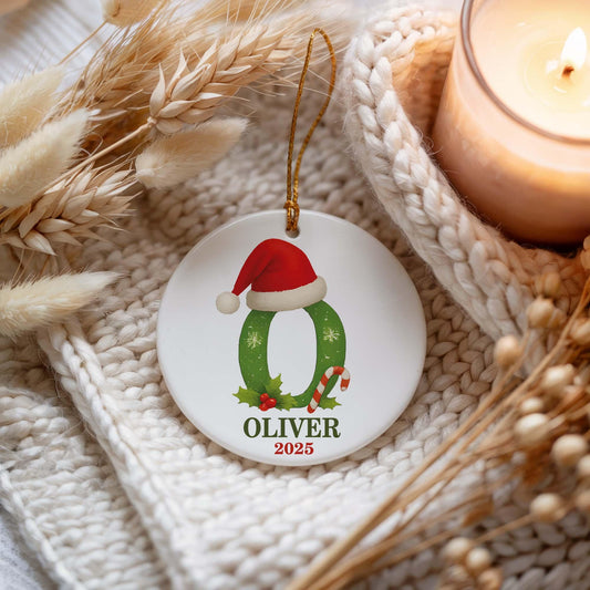 Custom Name & Santa Hat Initial Ornament, Family Matching Christmas Tree Decor