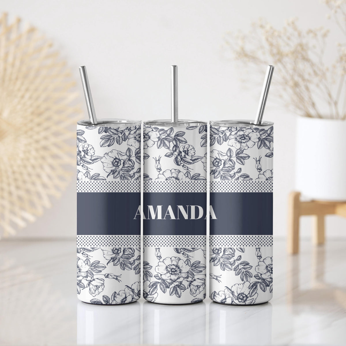 Custom Name Aesthetic Toile de Jouy Coffee Tumbler