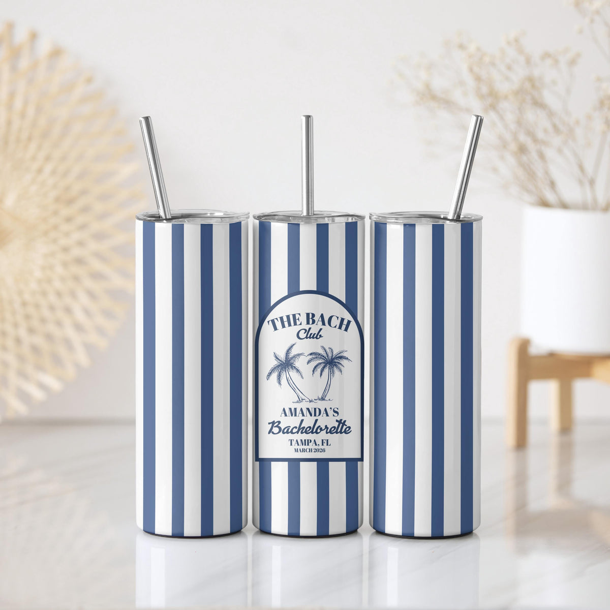 Customizable Blue and White Striped Bachelorette Cup, Coastal Bridal Shower Matching Drinkware Tumbler