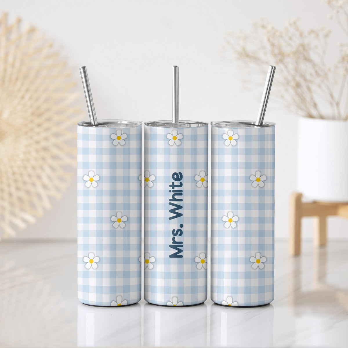 Personalized Daisy Flower Teacher Coffee Tumbler, Floral Blue Plaid Insulated Teacher Cup