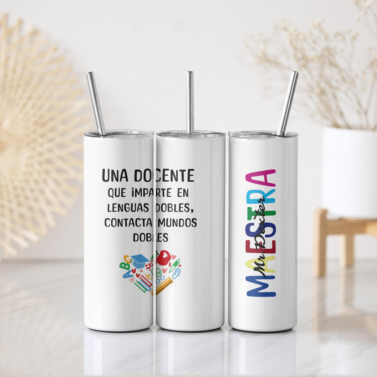 Custom Name Maestra Tumbler With Straw, Personalized Spanish Bilingual Teacher Coffee Tumbler