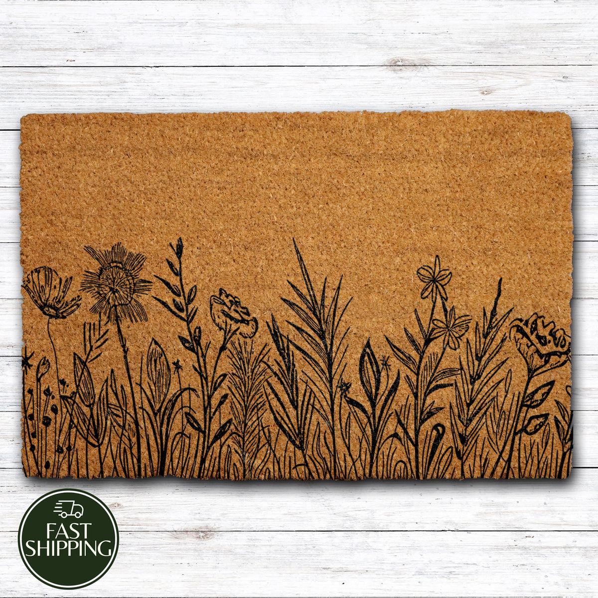 Line Art Flower Meadow Doormat, Minimalist Wildflower Entryway Mat