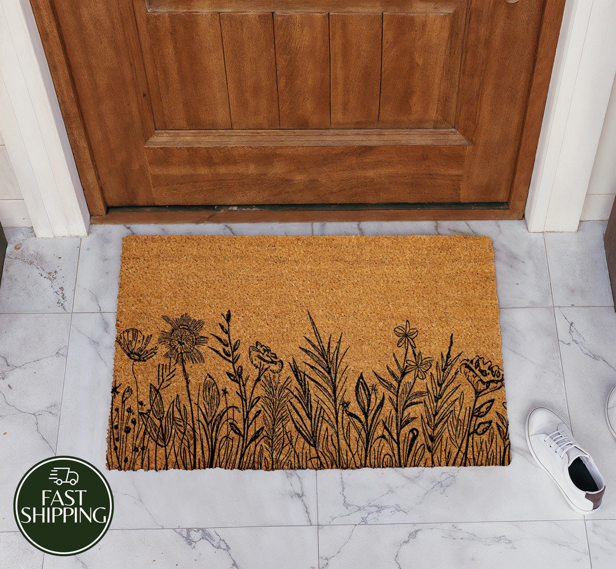 Line Art Flower Meadow Doormat, Minimalist Wildflower Entryway Mat