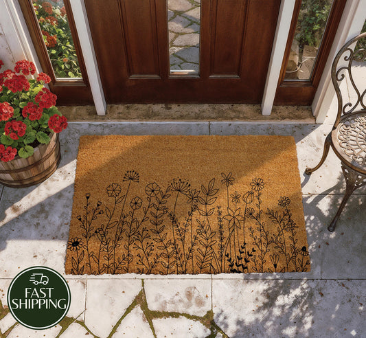 Wildflower Meadow Welcome Mat, Cottage Core Farmhouse Doormat