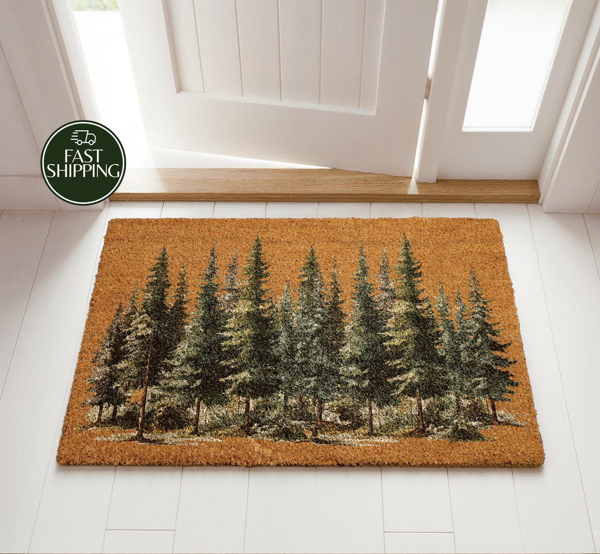 Pine Tree Forest Welcome Mat, Woodland Landscape Doormat, Rustic Cabin Decor